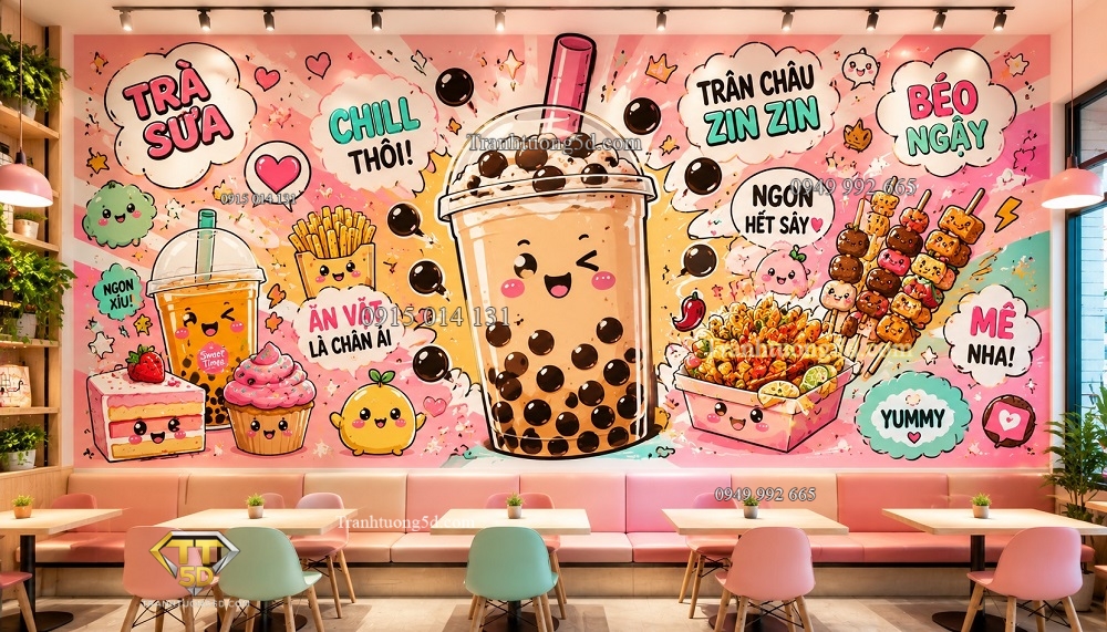 Tranh dán tường Bức tường “Thiên đường trà sữa & ăn vặt” QA14720262 Tranh dán tường Bức tường “Thiên đường trà sữa & ăn vặt” QA14720262