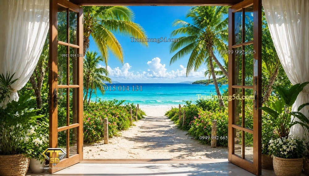 Tranh dán tường Cánh cửa mở ra bãi biển nhiệt đới PA5720263 Tranh dán tường Cánh cửa mở ra bãi biển nhiệt đới PA5720263