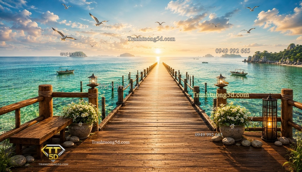 Tranh dán tường Con Đường Bình Yên – Cầu Gỗ Vươn Ra Biển Bình Minh QA20267161