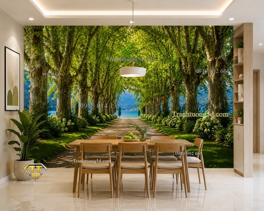 Tranh dán tường Đại lộ cây xanh dẫn tới hồ nước trang trí phòng ăn chung cư PA5720268 Tranh dán tường Đại lộ cây xanh dẫn tới hồ nước trang trí phòng ăn chung cư PA5720268