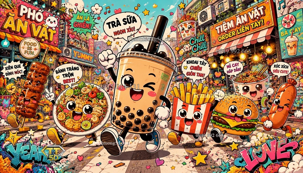 Tranh dán tường Doodle các món ăn vặt biết đi QAV15720261 Tranh dán tường Doodle các món ăn vặt biết đi QAV15720261