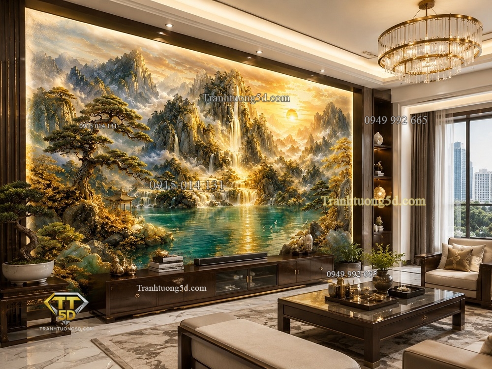 Tranh dán tường Kim Sơn Tụ Bảo – Thác Vàng Đổ Về Hồ Tài Lộc KL9720267