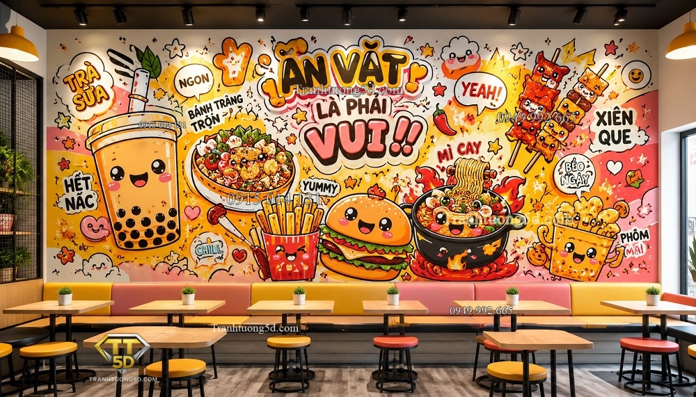 Tranh dán tường Quán ăn vặt Doodle Art đầy màu sắc QA14720261 Tranh dán tường Quán ăn vặt Doodle Art đầy màu sắc QA14720261
