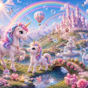 Tranh dán tường THUNG LŨNG KỲ LÂN CẦU VỒNG Rainbow Unicorn Valley BG28720263
