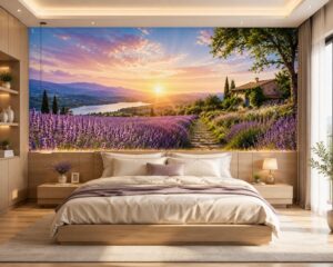 Tranh dán tường cánh đồng hoa oải hương (Lavender) tím nhạt trải dài dưới nắng PC27202610