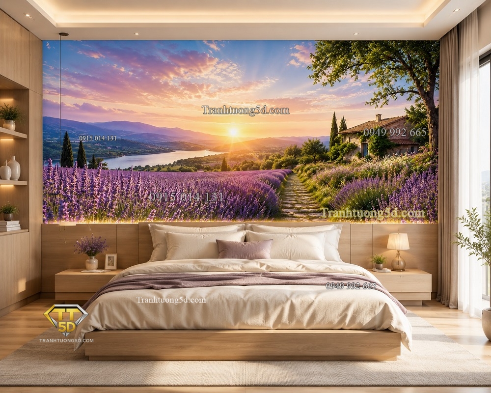 Tranh dán tường cánh đồng hoa oải hương (Lavender) tím nhạt trải dài dưới nắng PC27202610