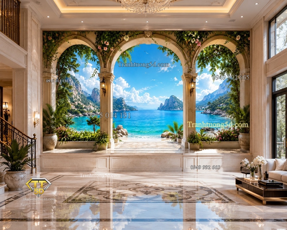 Tranh dán tường cửa vòm lớn mở ra đại dương xanh KL8720261 Tranh dán tường cửa vòm lớn mở ra đại dương xanh KL8720261