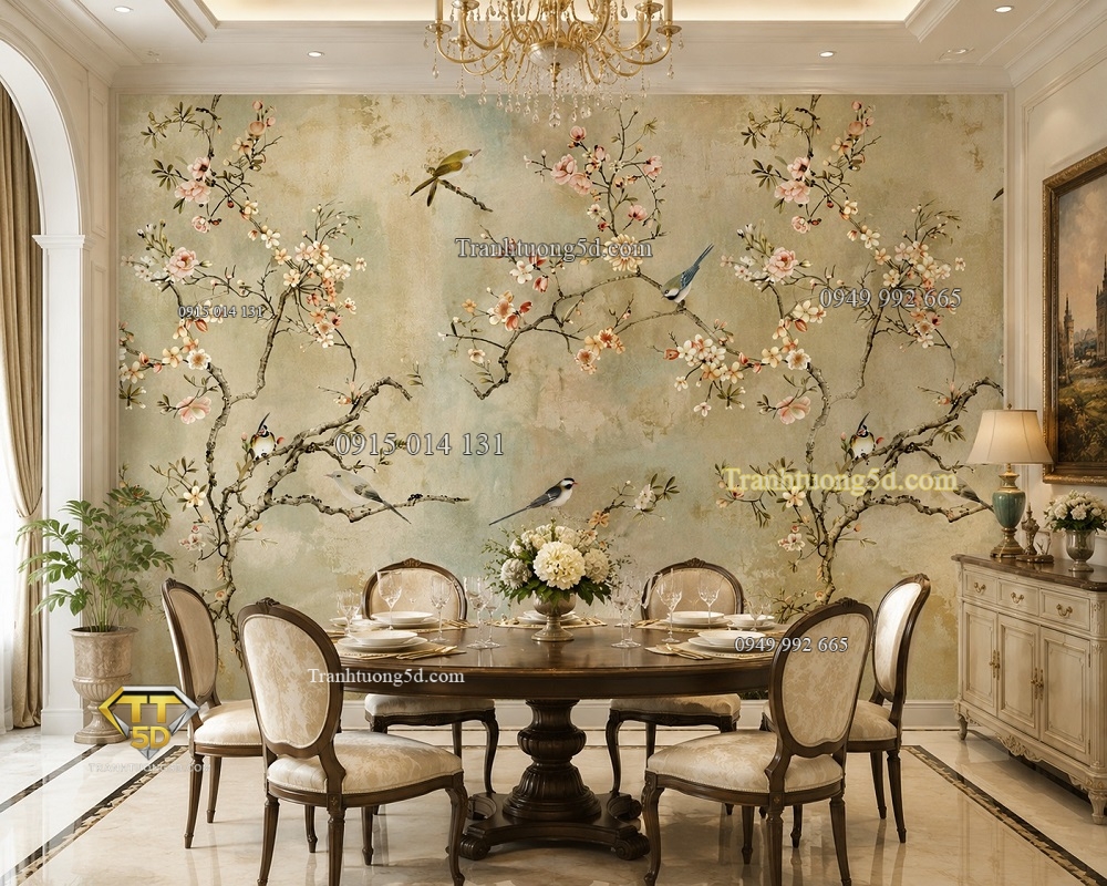 Tranh dán tường hoa anh đào phong cách Chinoiserie với chim, nền màu pastel nhẹ nhàng CHI2720261 Tranh dán tường hoa anh đào phong cách Chinoiserie với chim, nền màu pastel nhẹ nhàng CHI2720261