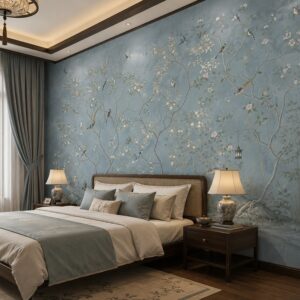 Tranh dán tường hoa nhỏ và chim nền xanh lam CHI2720265