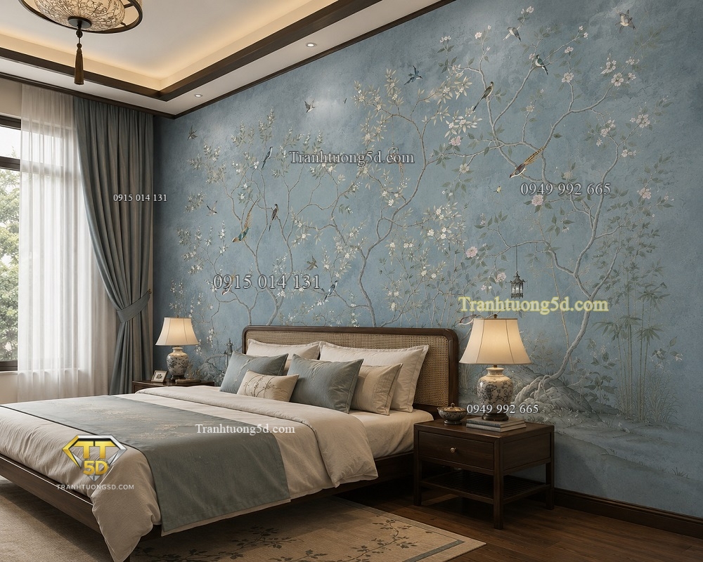 Tranh dán tường hoa nhỏ và chim nền xanh lam CHI2720265 Tranh dán tường hoa nhỏ và chim nền xanh lam CHI2720265