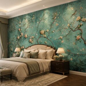Tranh dán tường họa tiết chim và hoa phong cách Chinoiserie xanh cổ điển CHI2720262