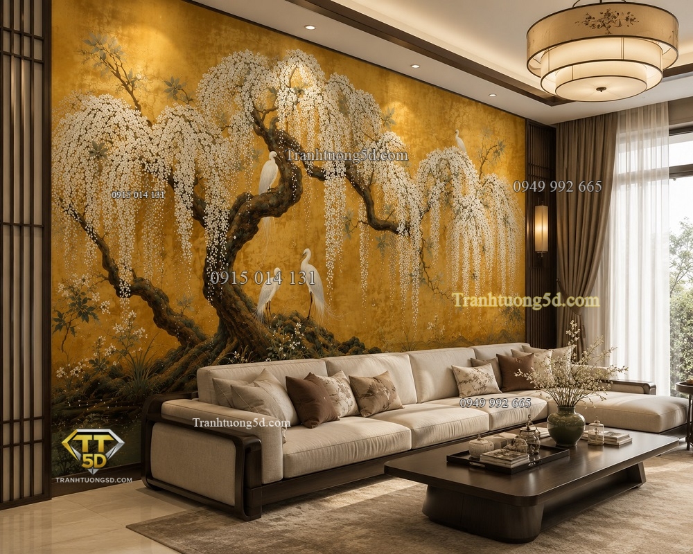 Tranh dán tường hoa tử đằng trắng và chim diệc nền vàng CHI2720264 Tranh dán tường hoa tử đằng trắng và chim diệc nền vàng CHI2720264