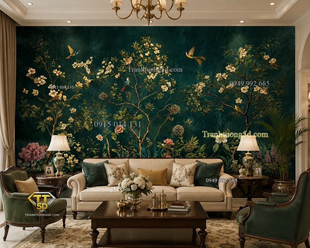 Tranh dán tường hoa và chim xanh đậm cổ điển vintage CHI2720263 Tranh dán tường hoa và chim xanh đậm cổ điển vintage CHI2720263