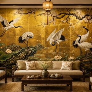 Tranh dán tường indochine chim hạc nền vàng gold GPTINDO29620261