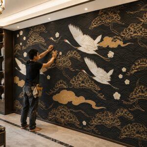 Tranh dán tường indochine chim hạc tông đen trắng GPTINDO29620267