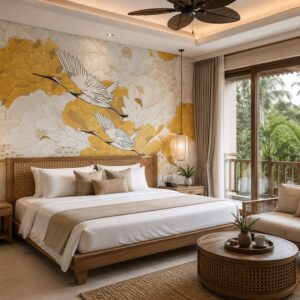 Tranh dán tường indochine chim hạc tông vàng trắng GPTINDO29620265