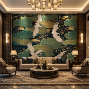 Tranh dán tường indochine chim hạc tông xanh GPTINDO29620268
