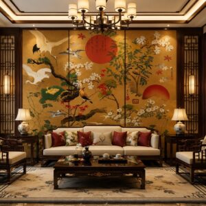Tranh dán tường indochine chim hạc và mặt trời GPTINDO29620263