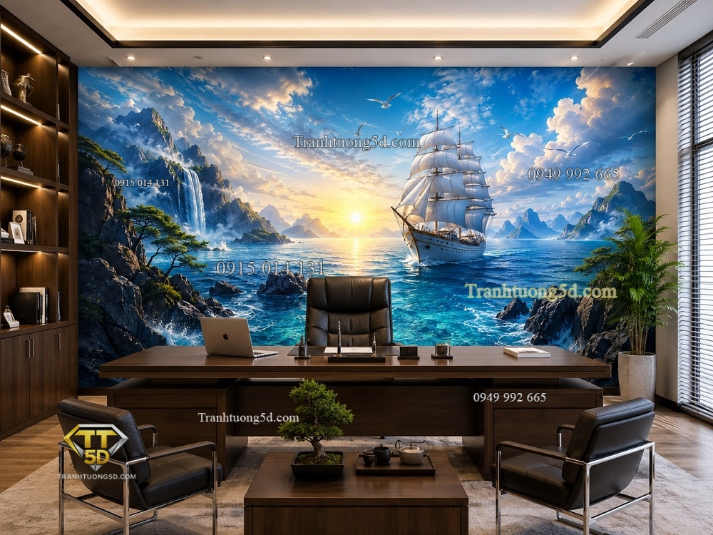 Tranh dán tường phòng làm việc Hải Vận Tụ Tài – Thuyền Ngọc Giữa Biển Trời Đại Dương KL10720263