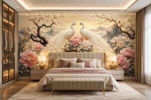 Tranh dán tường phòng ngủ vợ chồng phong cách Luxury Contemporary với đôi chim công trắng và hoa mẫu đơn CC29720261