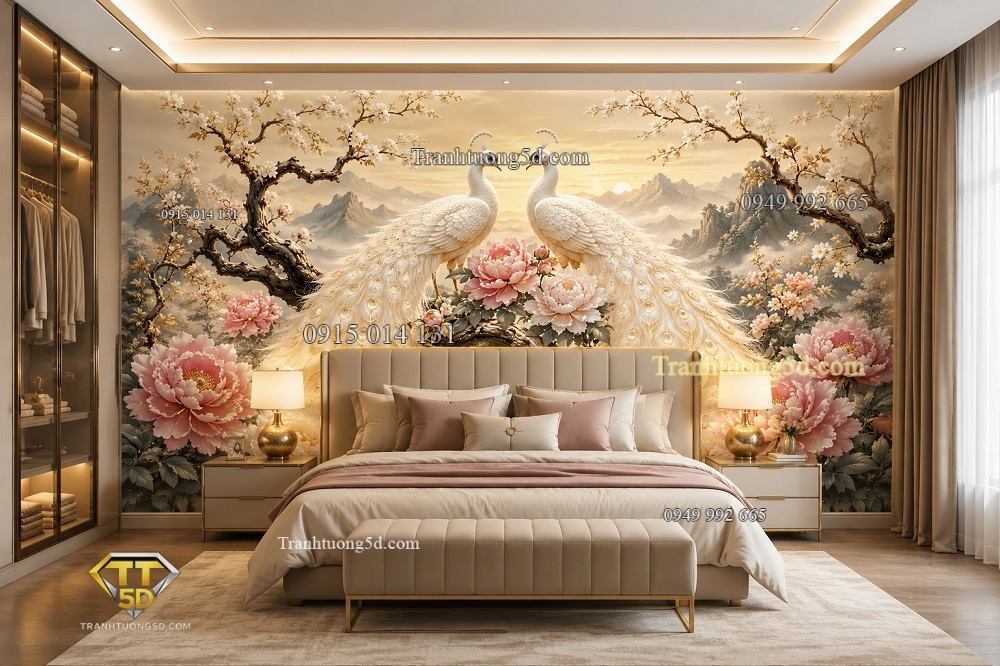 Tranh dán tường phòng ngủ vợ chồng phong cách Luxury Contemporary với đôi chim công trắng và hoa mẫu đơn CC29720261