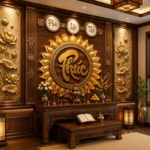 Tranh dán tường phòng thờ phúc lộc thọ và hoa sen PT29720263