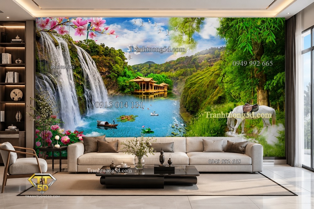 Tranh dán tường sơn thủy hữu tình dán sau sofa phòng khách Tranh dán tường sơn thủy hữu tình dán sau sofa phòng khách