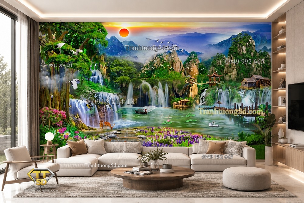 Tranh dán tường sơn thủy hữu tình phong thủy phòng khách Tranh dán tường sơn thủy hữu tình phong thủy phòng khách