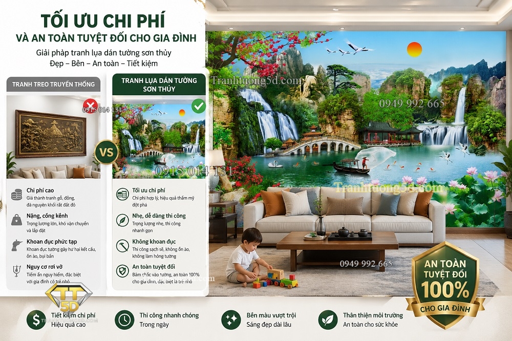 Tranh dán tường sơn thủy in lụa tối ưu chi phí, thi công đơn giản Tranh dán tường sơn thủy in lụa tối ưu chi phí, thi công đơn giản