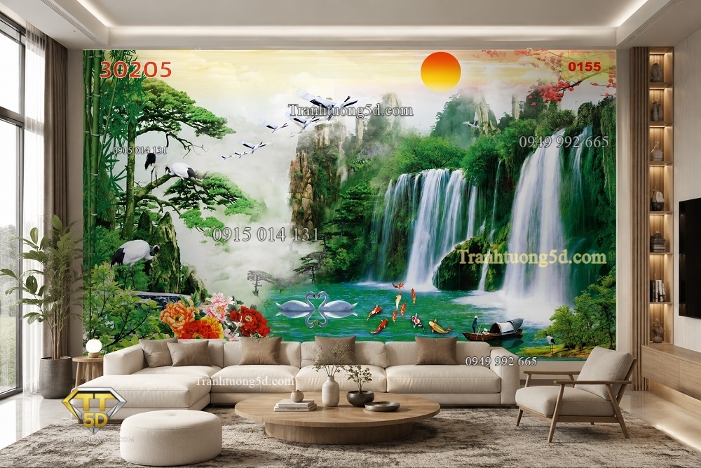 Tranh dán tường sơn thủy mặt trời tăng cường dương khí cho phòng khách Tranh dán tường sơn thủy mặt trời tăng cường dương khí cho phòng khách