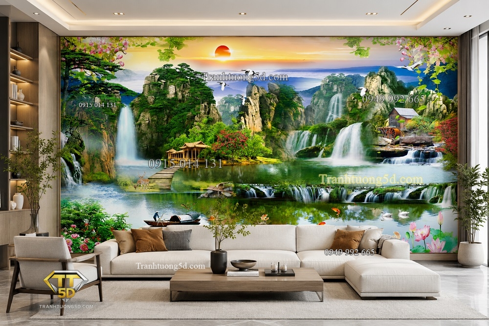 Tranh dán tường sơn thủy phối hợp màu nội thất hài hòa Tranh dán tường sơn thủy phối hợp màu nội thất hài hòa