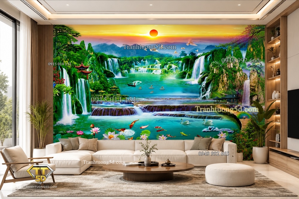 Tranh dán tường sơn thủy thác nước hồ nước phong thủy tài lộc phòng khách Tranh dán tường sơn thủy thác nước hồ nước phong thủy tài lộc phòng khách