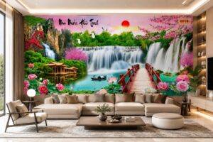 Tranh dán tường sơn thủy thác nước phong thủy tài lộc phòng khách
