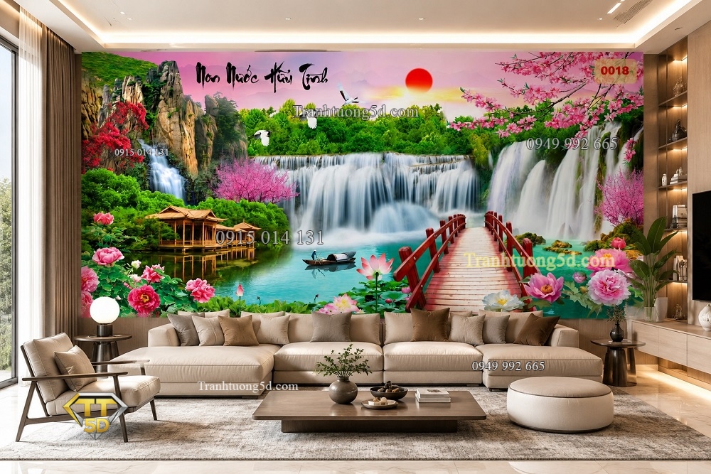 Tranh dán tường sơn thủy thác nước phong thủy tài lộc phòng khách Tranh dán tường sơn thủy thác nước phong thủy tài lộc phòng khách