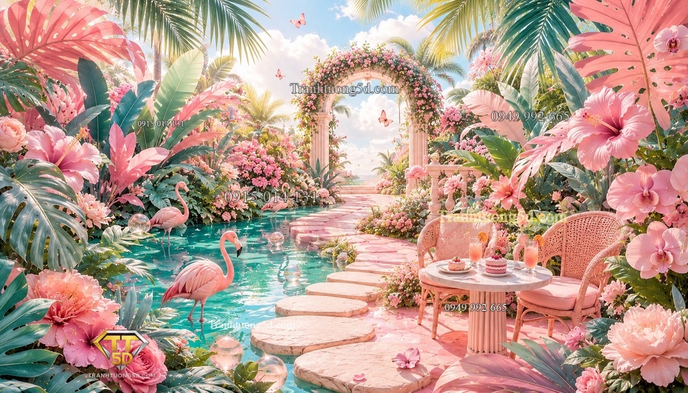Tranh hoa lá nhiệt đới (Tropical) cách điệu màu hồng xanh QAV157202615 Tranh hoa lá nhiệt đới (Tropical) cách điệu màu hồng xanh QAV157202615