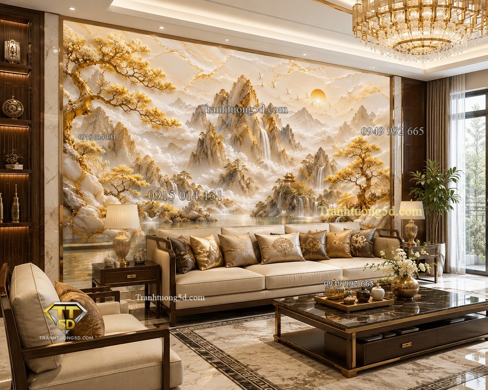 Tranh khổ lớn Ngọc Sơn Thủy Hoàng Gia – Núi Vàng Giữa Mây Ngọc KL9720264