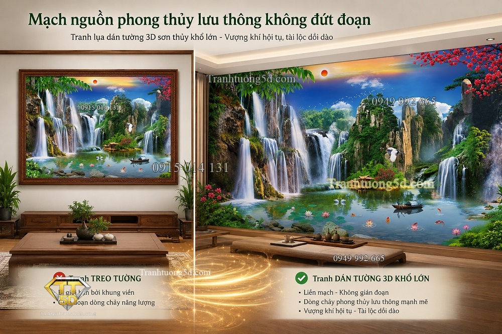 Tranh lụa dán tường sơn thủy, mạch nguồn phong thủy lưu thông không đứt đoạn Tranh lụa dán tường sơn thủy, mạch nguồn phong thủy lưu thông không đứt đoạn