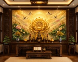 Tranh phòng thờ với hoa sen vàng và bánh xe pháp luân PT29720265