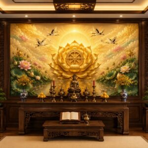 Tranh phòng thờ với hoa sen vàng và bánh xe pháp luân PT29720265