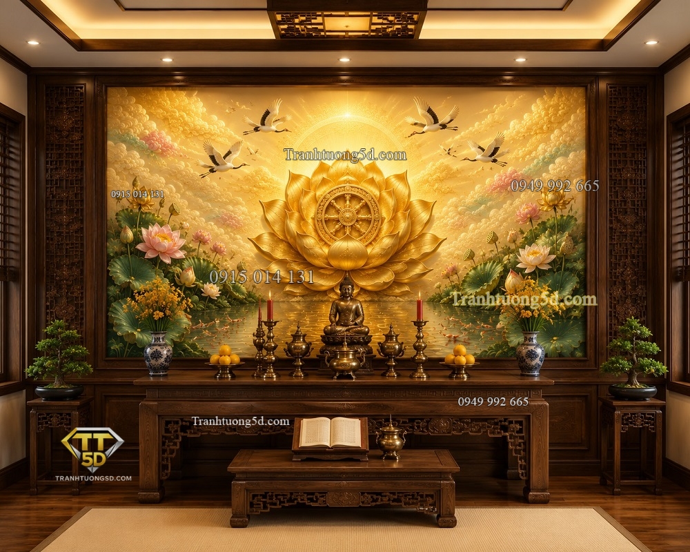 Tranh phòng thờ với hoa sen vàng và bánh xe pháp luân PT29720265