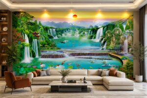Tranh sơn thủy dán tường kết hợp ánh sáng tạo hiệu ứng đẹp
