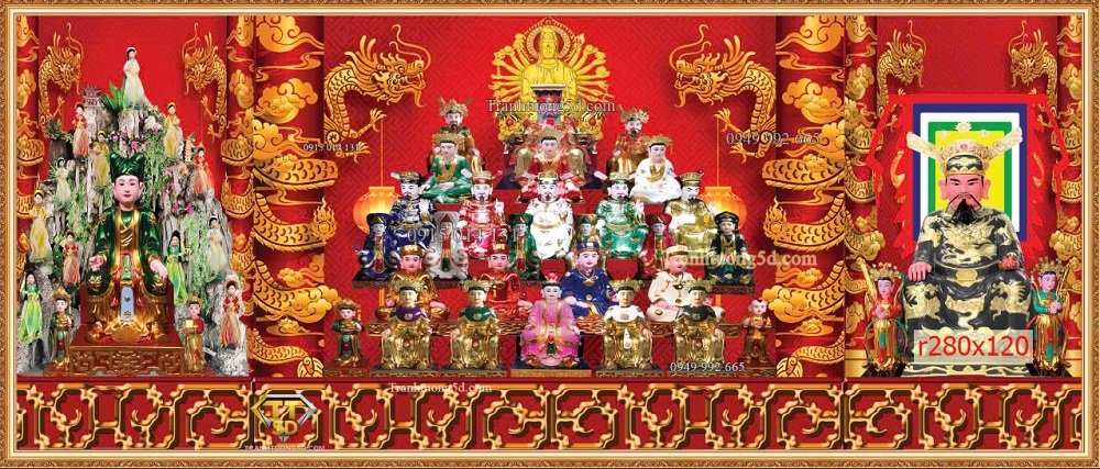 Tranh tứ phủ nền đỏ khổ dài 35315