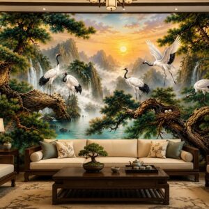 Tranh tùng hạc kiểu indochine dán tường phòng khách GPTINDO29620262