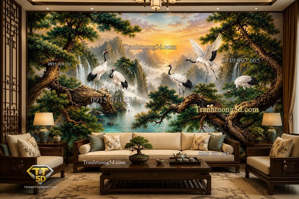 Tranh tùng hạc kiểu indochine dán tường phòng khách GPTINDO29620262 Tranh tùng hạc kiểu indochine dán tường phòng khách GPTINDO29620262