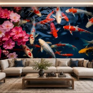 Tranh cá koi hoa anh đào dán tường phòng khách 42714