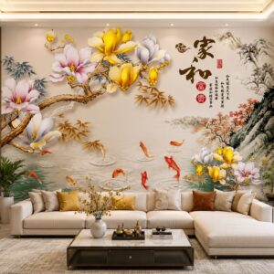 Tranh cá koi hoa mộc lan phú quý dán tường phòng khách 48301