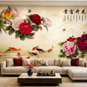 Tranh chim uyên ương hoa mẫu đơn cá koi dán tường phòng khách 47760