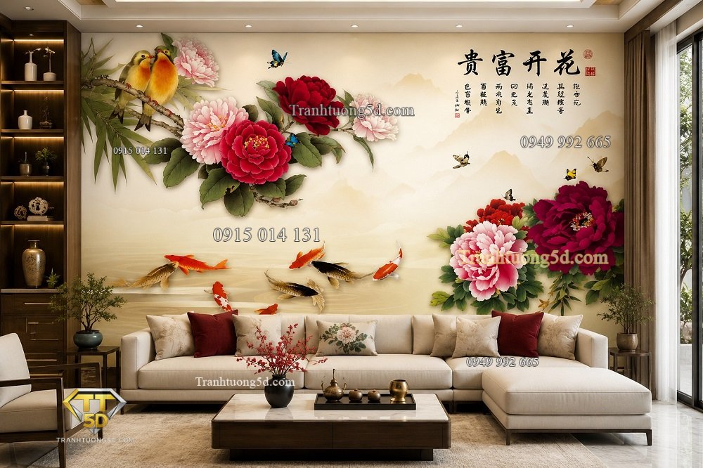 Tranh chim uyên ương hoa mẫu đơn cá koi dán tường phòng khách 47760