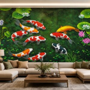 Tranh cửu ngư quần hội cá koi hoa sen dán tường phòng khách 34657
