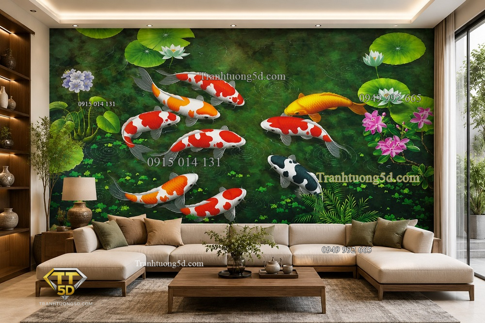 Tranh cửu ngư quần hội cá koi hoa sen dán tường phòng khách 34657